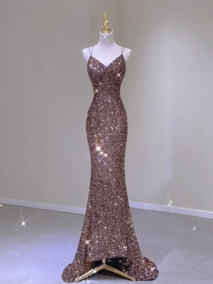 Robe de soirée sirène à fines bretelles et sequins pour adolescentes, robe de bal longue et élégante, tenue pour un 21e anniversaire AB1427