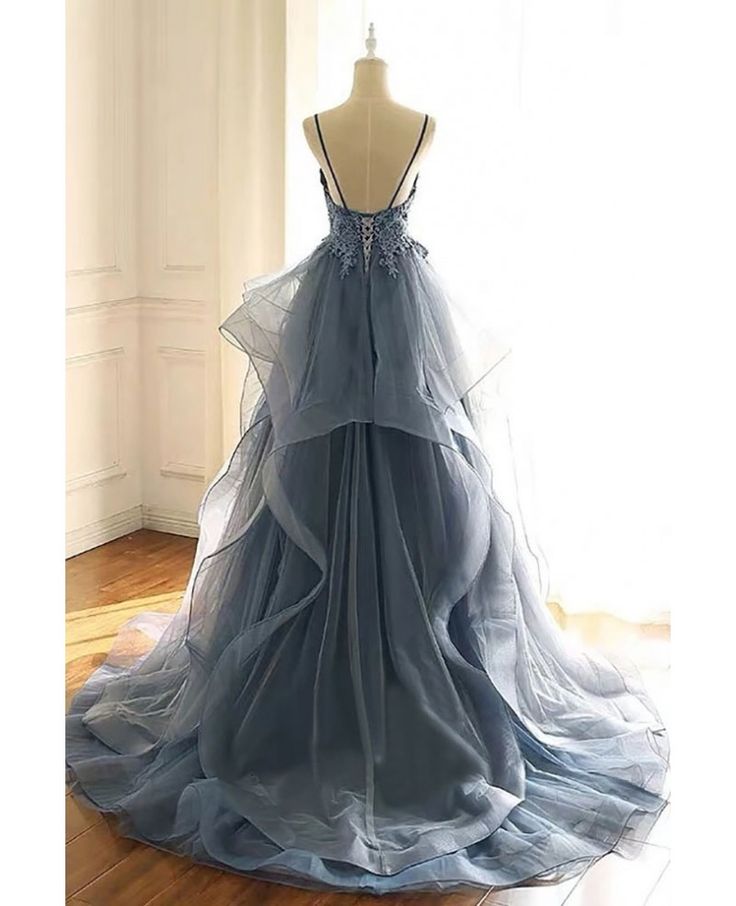 Beautiful Vneck Sequined Lace Ruffled Blue Prom Dress With Straps N1783