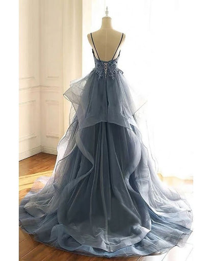 Beautiful Vneck Sequined Lace Ruffled Blue Prom Dress With Straps N1783