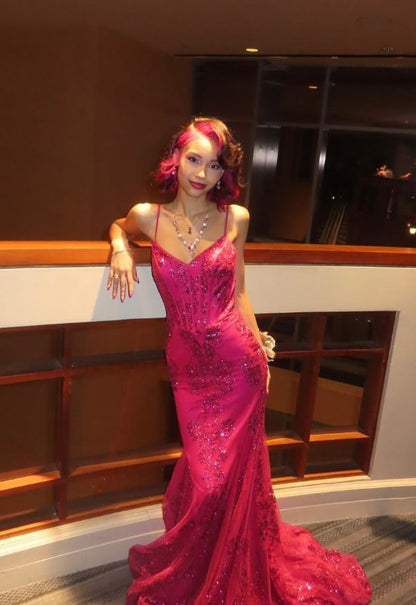 Glitzerndes Meerjungfrauen-Kleid mit Spaghettiträgern, pinkfarbener Paillettenspitze, langes formelles Ballkleid, 22. Geburtstagskleid AB1365