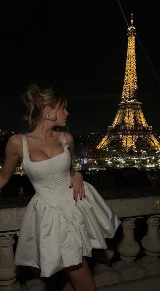Simple Hoco Dress Ball Gown Square Neck White Satin Short Homecoming Party Dress RB9319