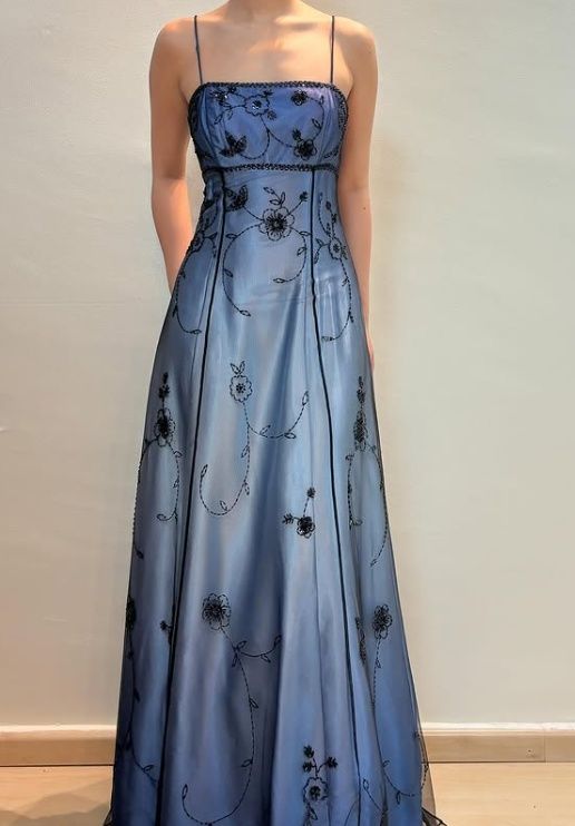 Vintage A Line Spaghetti Strap Blue Satin Sleeveless Long Prom Dresses For Women N4188