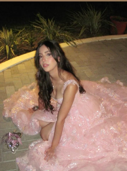 Pretty Off The Shoulder Pink Lace Slit Long Formal Prom Dresses Party Dresses AB1570