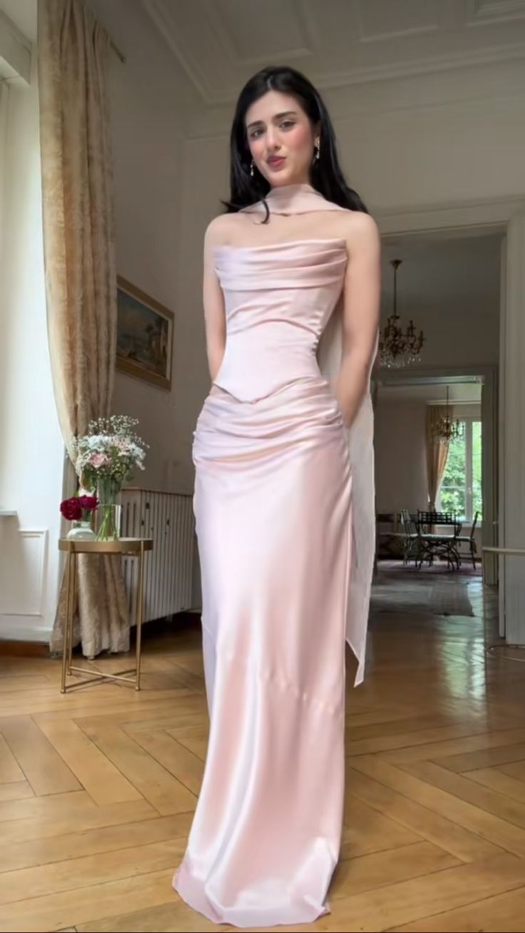Robe de bal sirène élégante en satin rose sans bretelles - Inspiration robes de soirée tendance - Robe de bal formelle AB1435