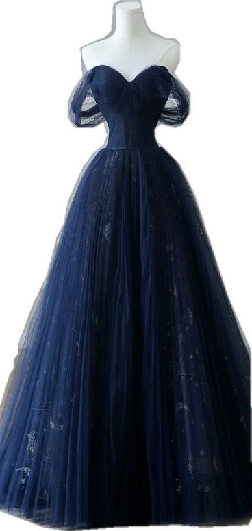 A-Linien-Abendkleid aus Tüll und Spitze in Dunkelblau mit Carmen-Ausschnitt AB693