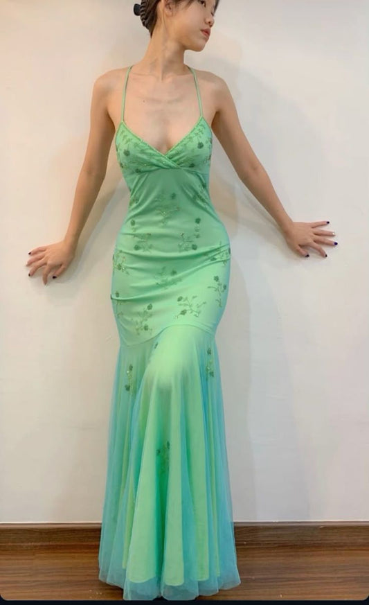 Bescheidene Meerjungfrau Neckholder Grün Chiffon Ärmellose Lange Abschlussballkleider für Damen N4181