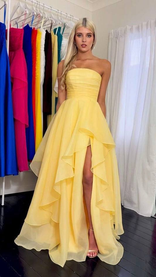 Modest Yellow Strapless A-Line Prom Dresses With Slit Prom Gown AB201