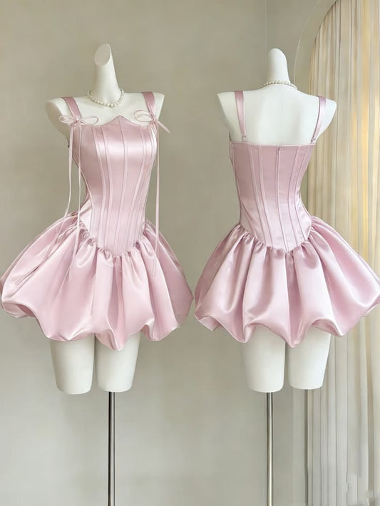 Unique Ball Gown Square Neck Satin Pink Short Mini Hoco & Homecoming Dress Inspo Graduation Dresses RB6536