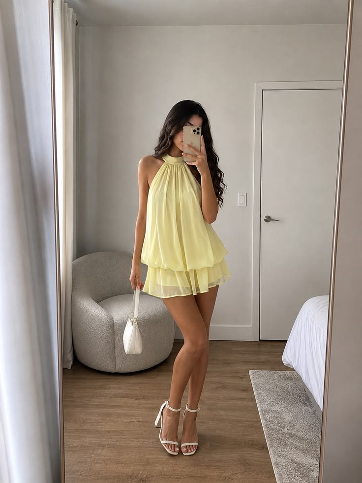 Sweet A Line Halter Yellow Chiffon Birthday Outfits Mini Party Gown inspo Short Cocktail Hoco Dresses RB6077