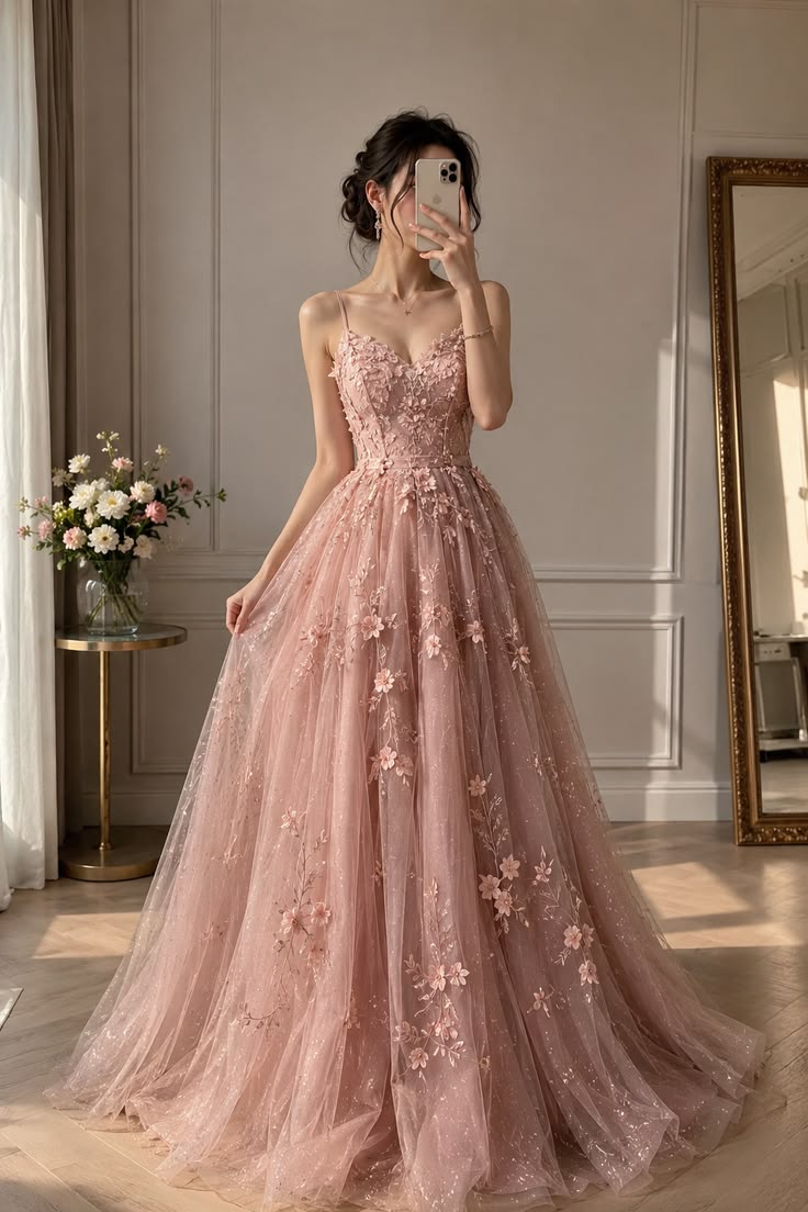 Aesthetic Princess Pink Prom Dress Fairytale A line Spaghetti Straps Lace Appliques Long Formal Dresses RC1372