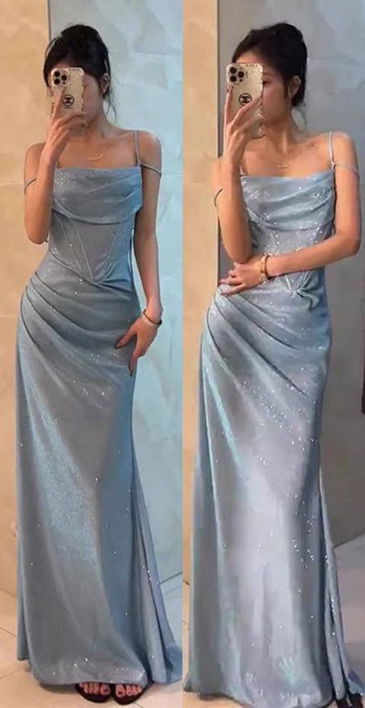 Glitter Mermaid Spaghetti Strap Light Sky Blue Long Prom Dresses For Women N4191
