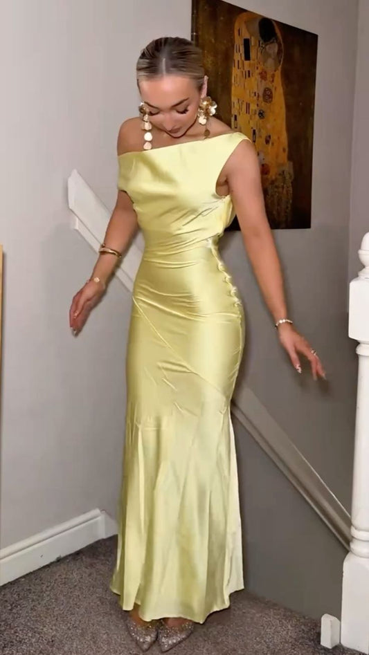 Sexy Yellow Satin Long Prom Dresses Off The Shoulder Mermaid For Women N4186
