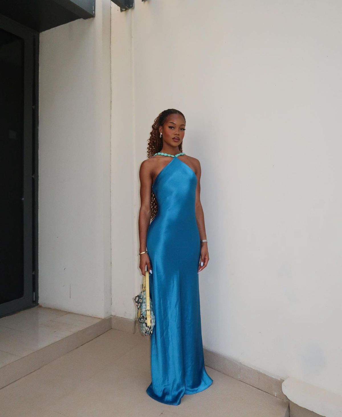 Sexy High Neck Blue Satin Long Prom Dresses Mermaid For Women N4182