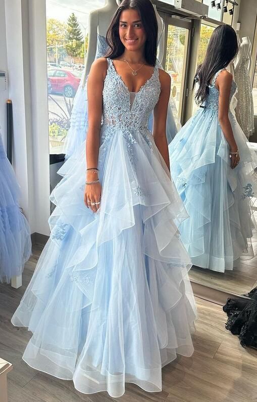 Einzigartiges Ballkleid mit V-Ausschnitt, hellblauem Tüll und Spitze, formelles, langes Stufenkleid für Abendveranstaltungen, Vestidos De Dia AB570