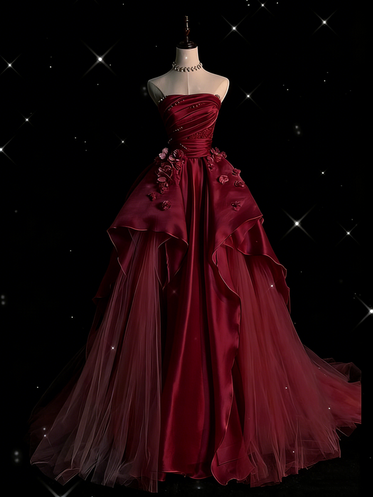 Elegantes, trägerloses, langes Ballkleid aus weinrotem Tüll – ideal für Abschlussball und Abiball (N035)