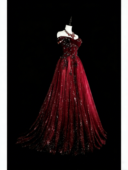 Vintage Prom Dresses Aesthetic 1950s Retro Classy Ball Gown Off The Shoulder Burgundy Long With Appliques N1995
