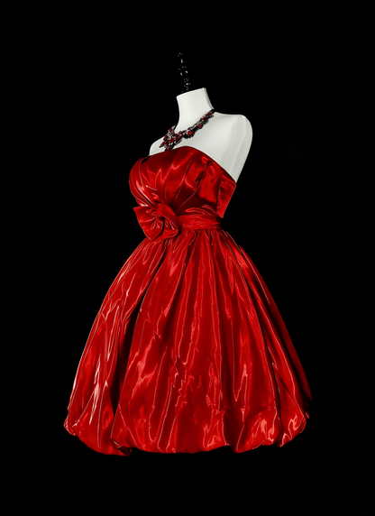 Robe de bal unique sans bretelles en satin rouge, inspiration années 2000, robes de bal courtes, inspiration robes de soirée N1749