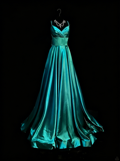 Elegantes, langes, blaues Satin-Abendkleid mit Spaghettiträgern in A-Linie, perfekt für Partys, Balls und Hochzeiten (Modell N910)