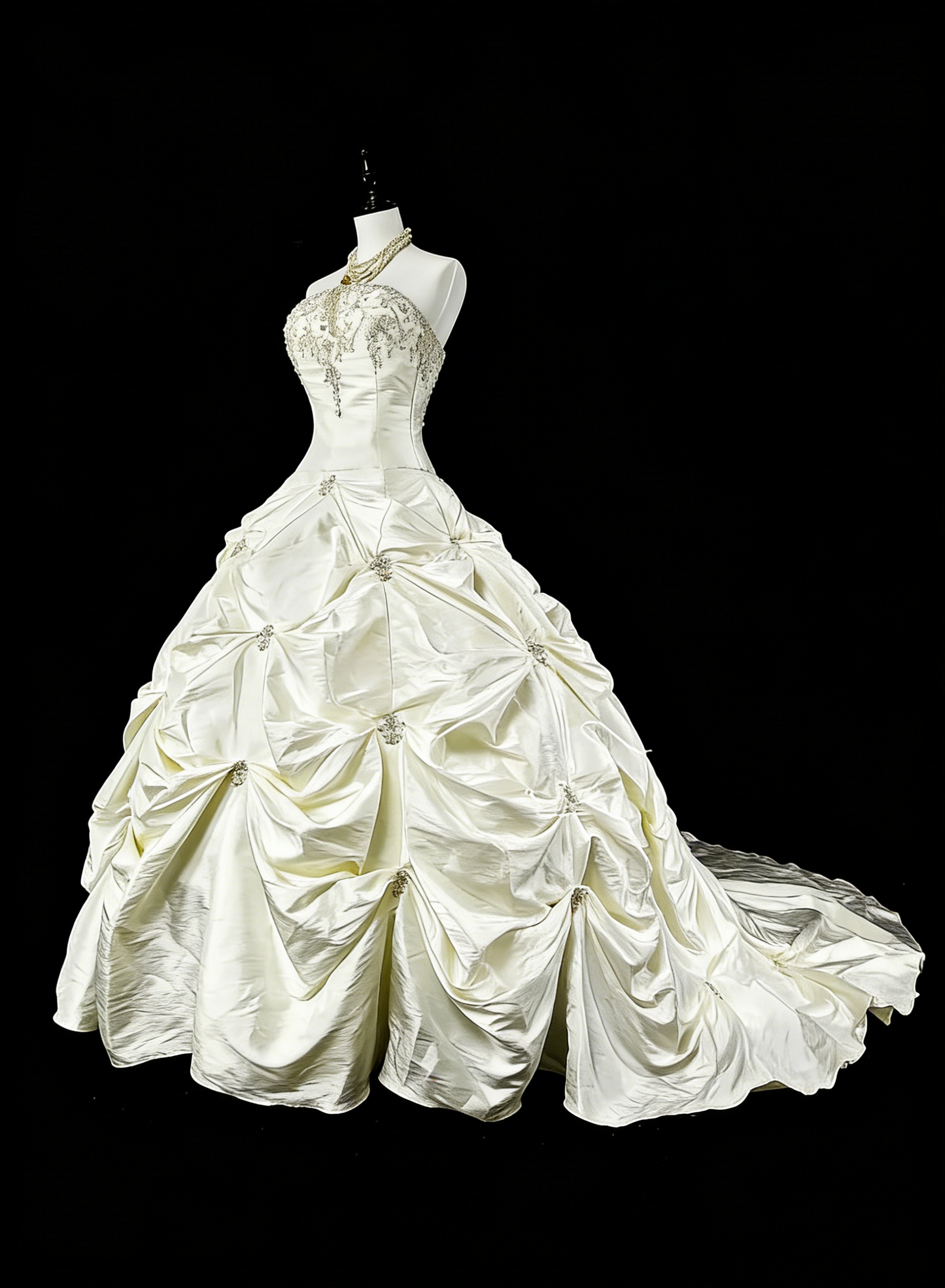Vintage Hochzeitskleider Ballkleid Trägerlos Weißer Taft Mit Perlen Lang Brautkleid N3075