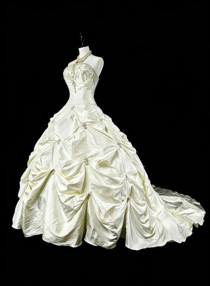 Vintage Hochzeitskleider Ballkleid Trägerlos Weißer Taft Mit Perlen Lang Brautkleid N3075