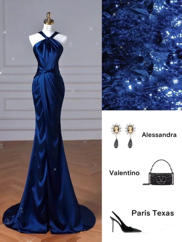 Robe de soirée sirène dos nu en satin bleu marine pour femme, longue et élégante, idéale pour un bal de promo ou un 22e anniversaire (AB1433)