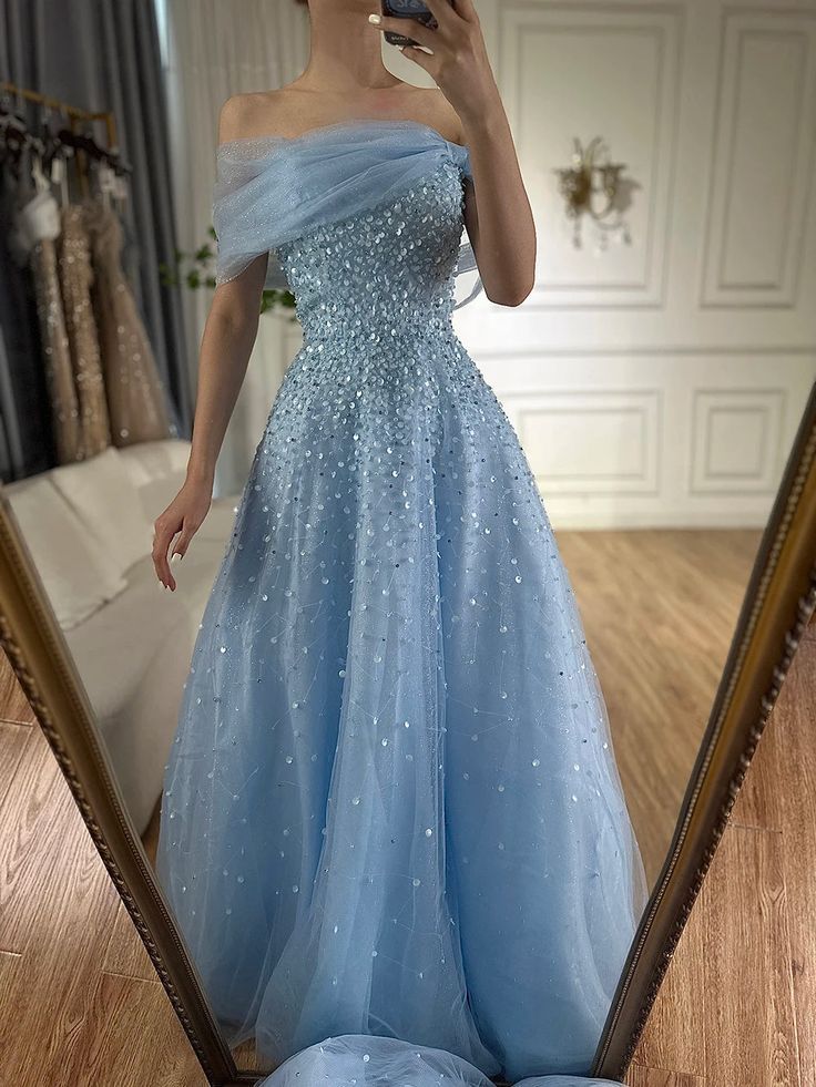 Robe de bal longue en tulle bleu à épaules dénudées, style trapèze, inspiration pour femme, robe de soirée formelle AB1800