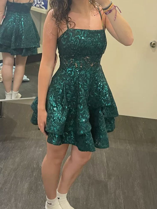 Modest Hoco Dress Homecoming Dresses A line Halter Dark Green Sequin 16th Birthday Party Outfits RB6349