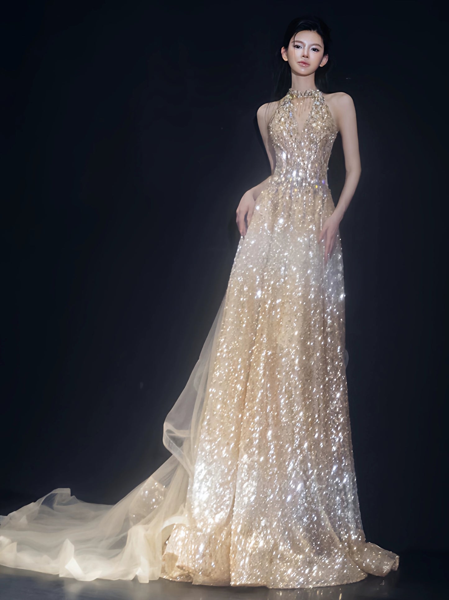 Princess A line Halter Gold Sequins Long Prom Dress Fashion Aesthetic For Teens Formal Dresses Party Outfits Prom Gown AB2218