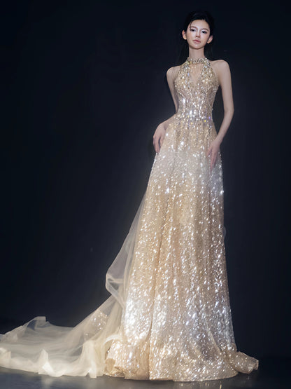 Princess A line Halter Gold Sequins Long Prom Dress Fashion Aesthetic For Teens Formal Dresses Party Outfits Prom Gown AB2218