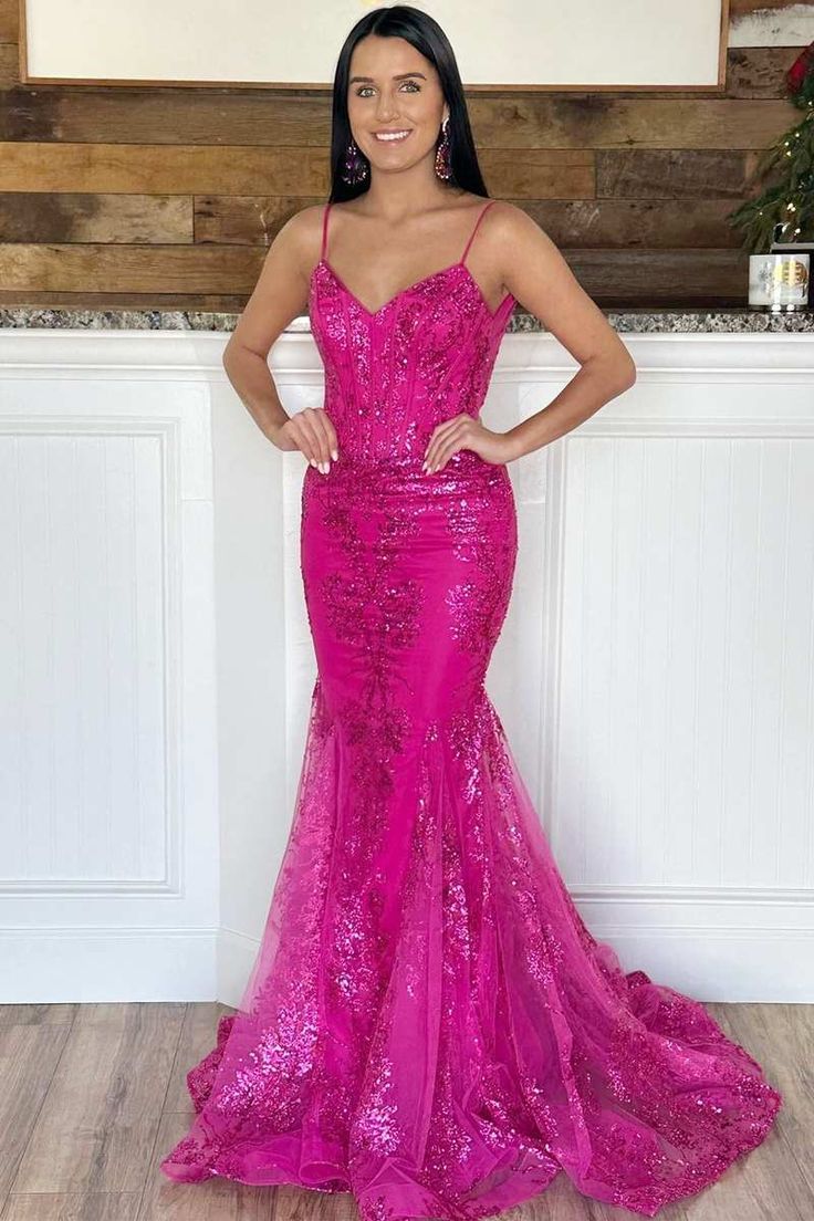 Unique Mermaid Spaghetti Straps Hot Pink Sequin Prom Dresses Long Party Dress 18th Birthday Outfits Graduation Dress RB1029