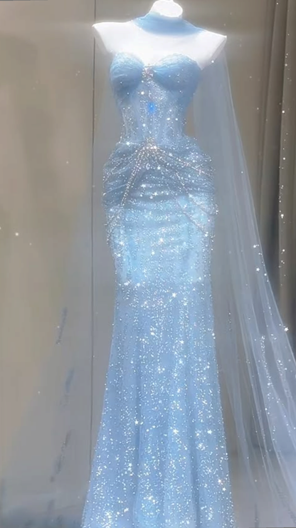 Meerjungfrau-Abendkleid mit Herzausschnitt aus Tüll, langes blaues Ballkleid, figurbetont für Mädchen und Damen N4103