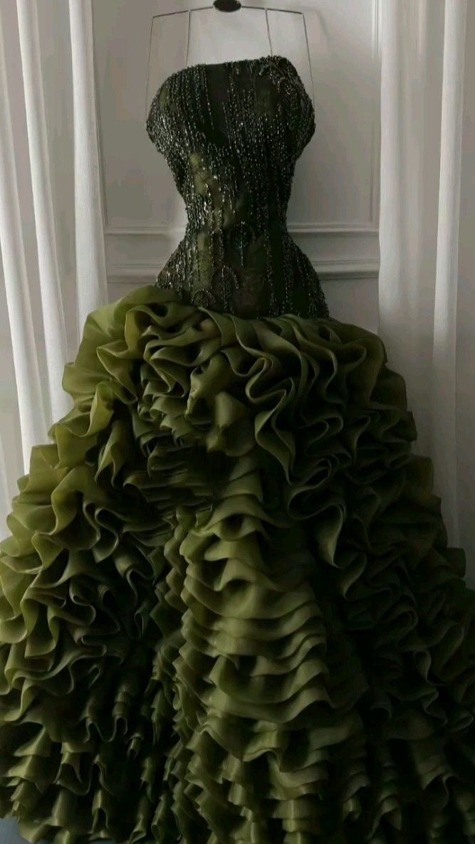 Tulle Prom Dress Sexy Ball Gown Strapless Green With Tiered Layers Long Party Evening Formal Gown RC1219