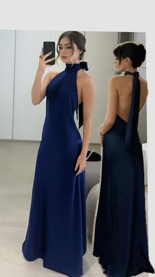 Sexy Navy Blue Satin Long Prom Dresses Halter Sleeveless Mermaid For Women N4185