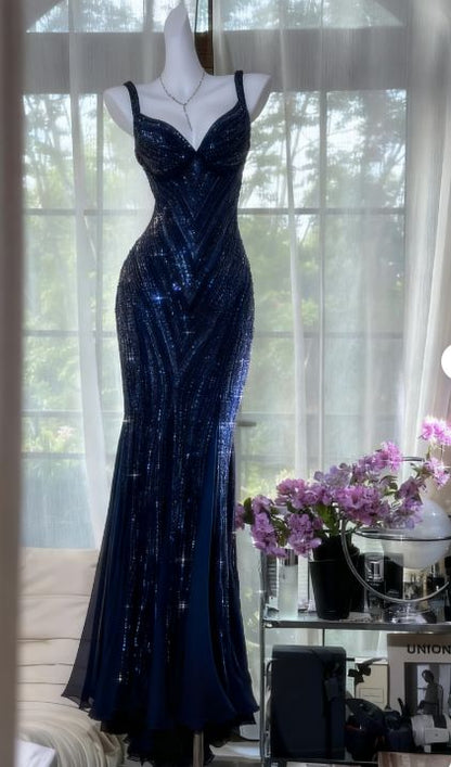 Robe de soirée longue sirène en mousseline violet foncé à sequins et col en V, style vintage, référence N875