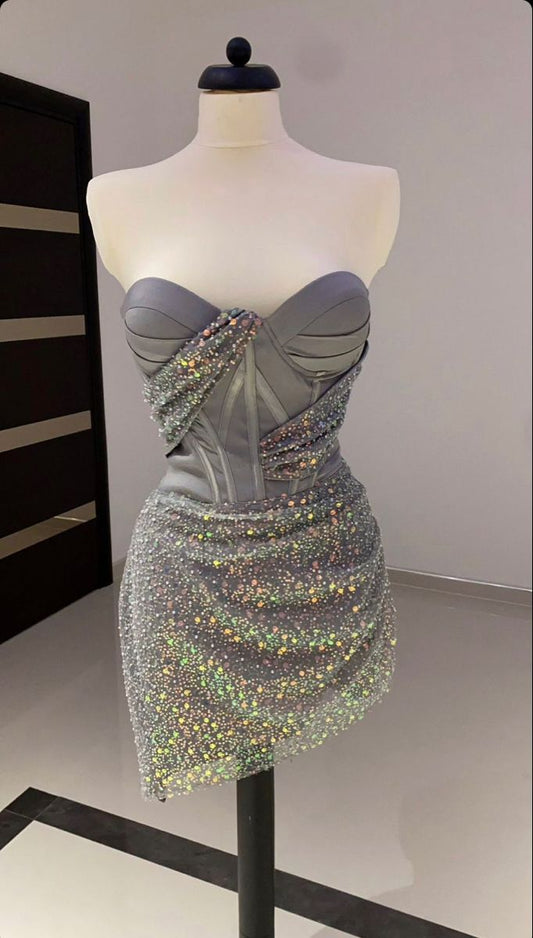 Sparkly Sheath Sweetheart Grey With Ruffled Cocktail Dress Short Mini Homecoming Dresses RB6350