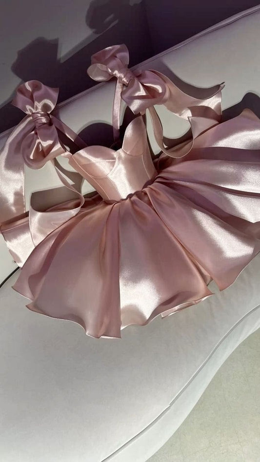 Unique Ball Gown Straps With Bow Satin Pink Short Mini Hoco & Homecoming Dress Inspo Graduation Dresses RB6538