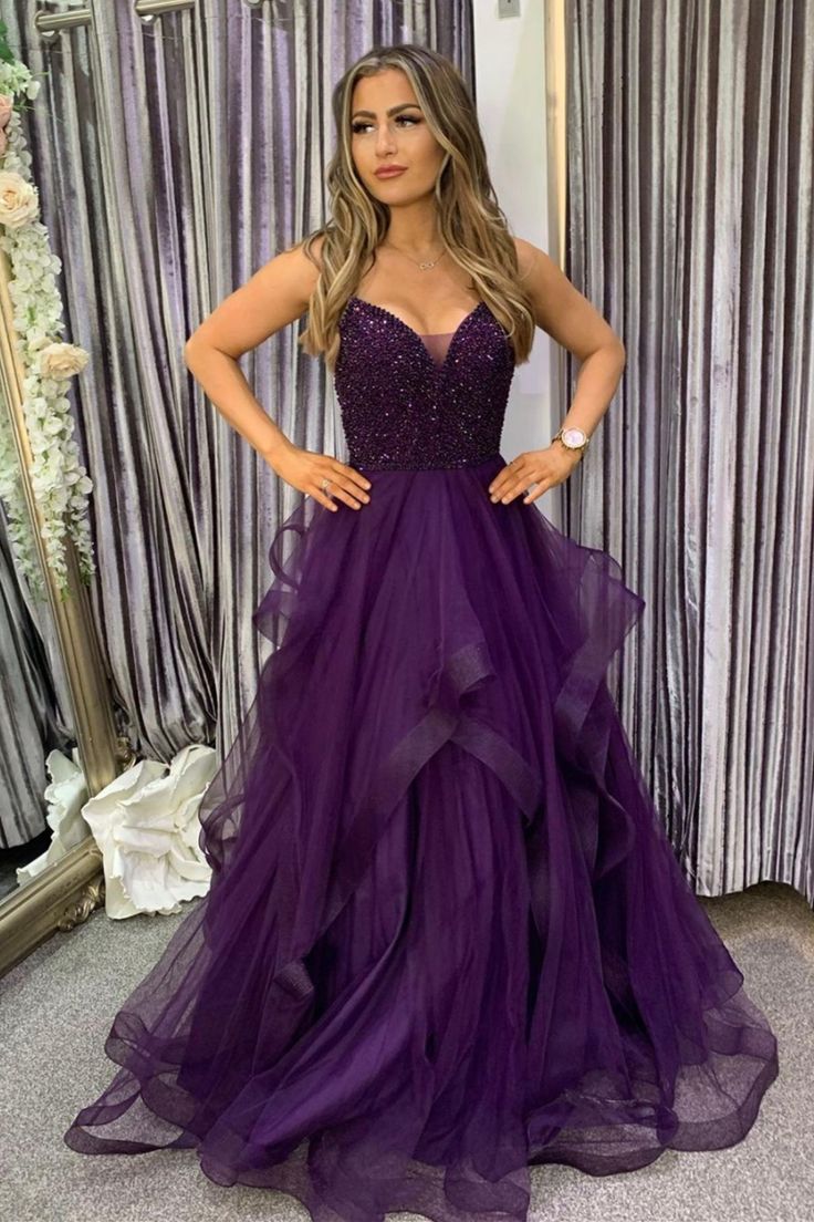 Elegantes, langes A-Linien-Abendkleid aus lila Tüll mit Perlen, formelles Partykleid AB460
