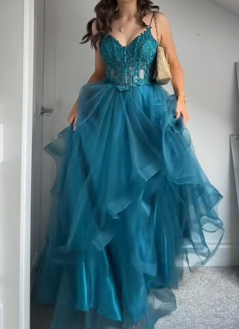 Elegantes Ballkleid mit Spaghettiträgern, türkisblauem Tüll mit Applikationen, langes Abendkleid für Teenager AB1437