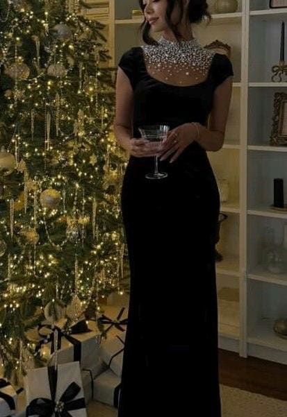 Schwarzes Samt-Abendkleid mit Perlenverzierungen, Partykleid, Geburtstagskleid, Ballkleid AB1634