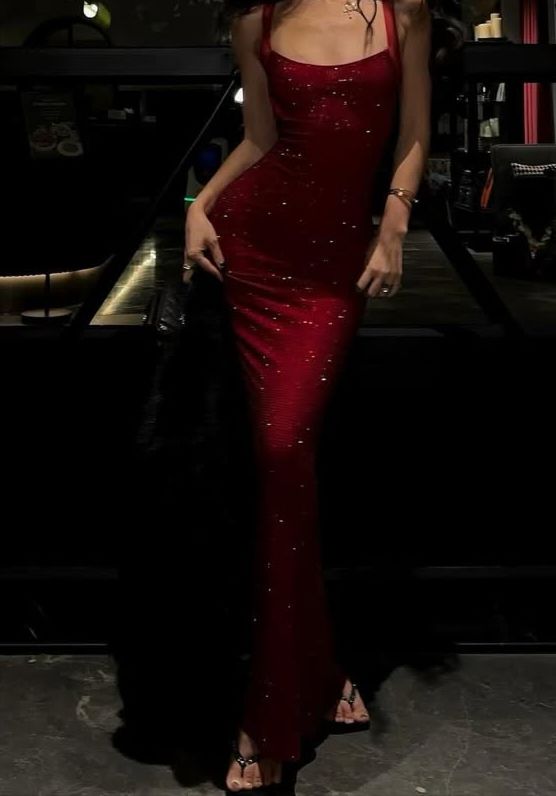 Robe de bal longue bordeaux à paillettes, col carré, style sirène, ornée de sequins, référence N367