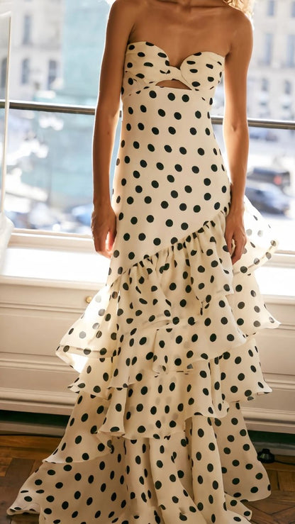 Trägerloses, langes Meerjungfrauen-Abendkleid mit Punkten und Rüschen, ärmellos, AB1761