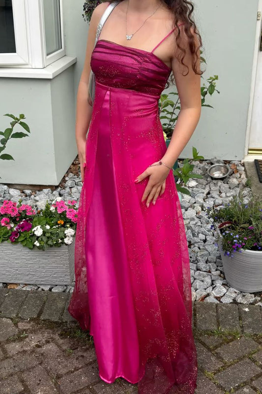 Vintage A Line Spaghetti Strap Hot Pink Sleeveless Long Prom Dresses For Women N4189
