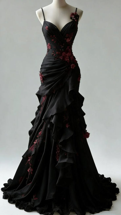 Funkelndes, schwarzes Meerjungfrauen-Abendkleid mit Spaghettiträgern, sexy Abendkleid N826
