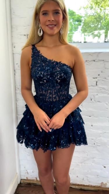 Chic A line One Shoulder Navy Blue Lace Mini Graduation Dresses Short Inspo Senior Homecoming Outfits RB3707