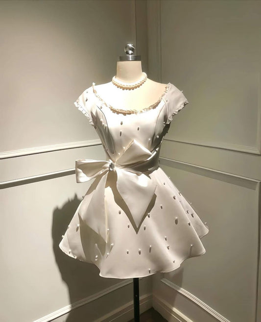 Sexy A line Scoop White Satin With Pearls Mini Hoco Outfits Homecoming Dress Short Party Dresses RB6540