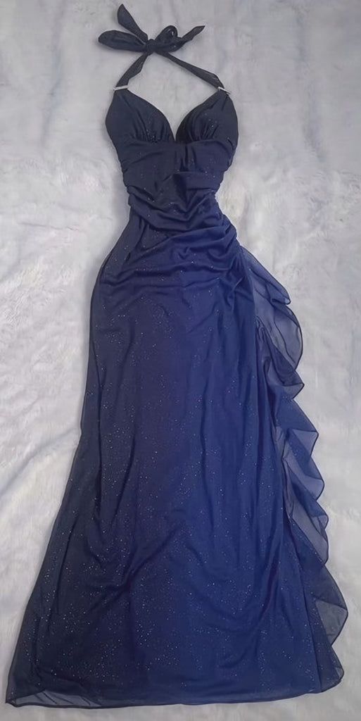 Elegant A line Halter Royal Blue Chiffon Ombre Evening Women Party Dresses Long Formal Prom Dresses 16 Birthday Gown AB1298