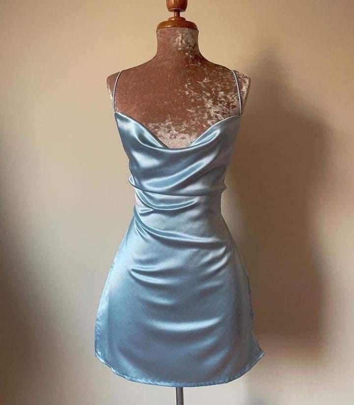 A line Spaghetti Straps Blue Satin Short Homecoming Dresses Party Outfits Inspiration RB9322