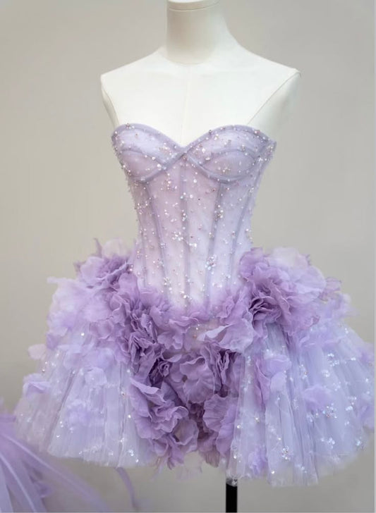 Pastel Purple Ruffle Tiered Mini Dress Ball Gown Sweetheart Homecoming Dress With Flowers RB6436