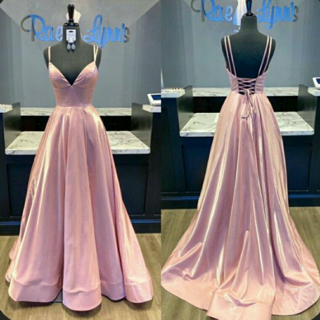 Vintage A-Linie Spaghettiträger Satin Pink Ärmellos Langes Ballkleid für Damen N4190