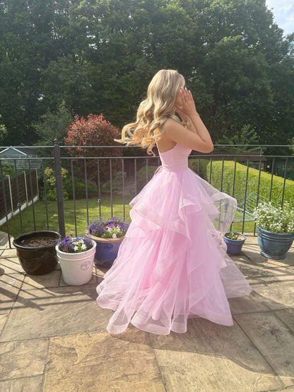Robe de bal rose clair en tulle superposé, robe de soirée longue à bretelles spaghetti et volants, AB937